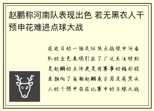 赵鹏称河南队表现出色 若无黑衣人干预申花难进点球大战