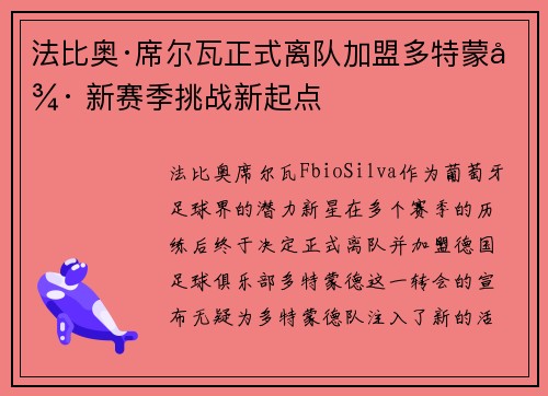 法比奥·席尔瓦正式离队加盟多特蒙德 新赛季挑战新起点